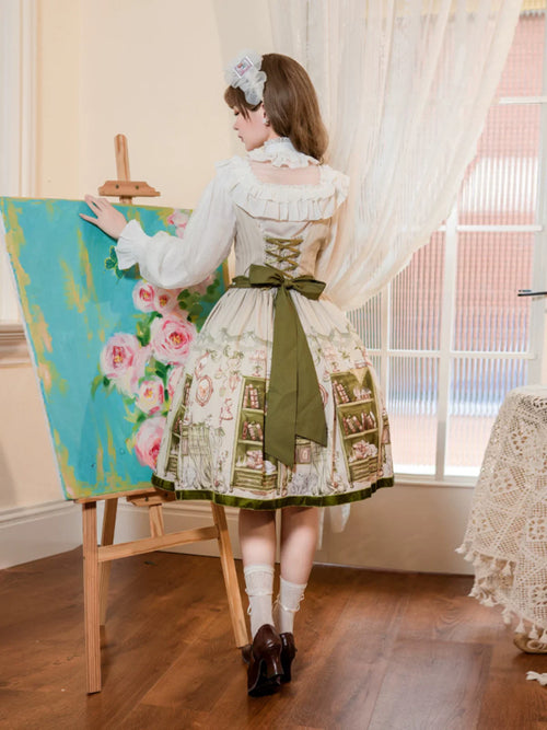 Aurora's Bookroom - Classic Lolita Bust-support JSK Dress with Bookstore Print - image 2
