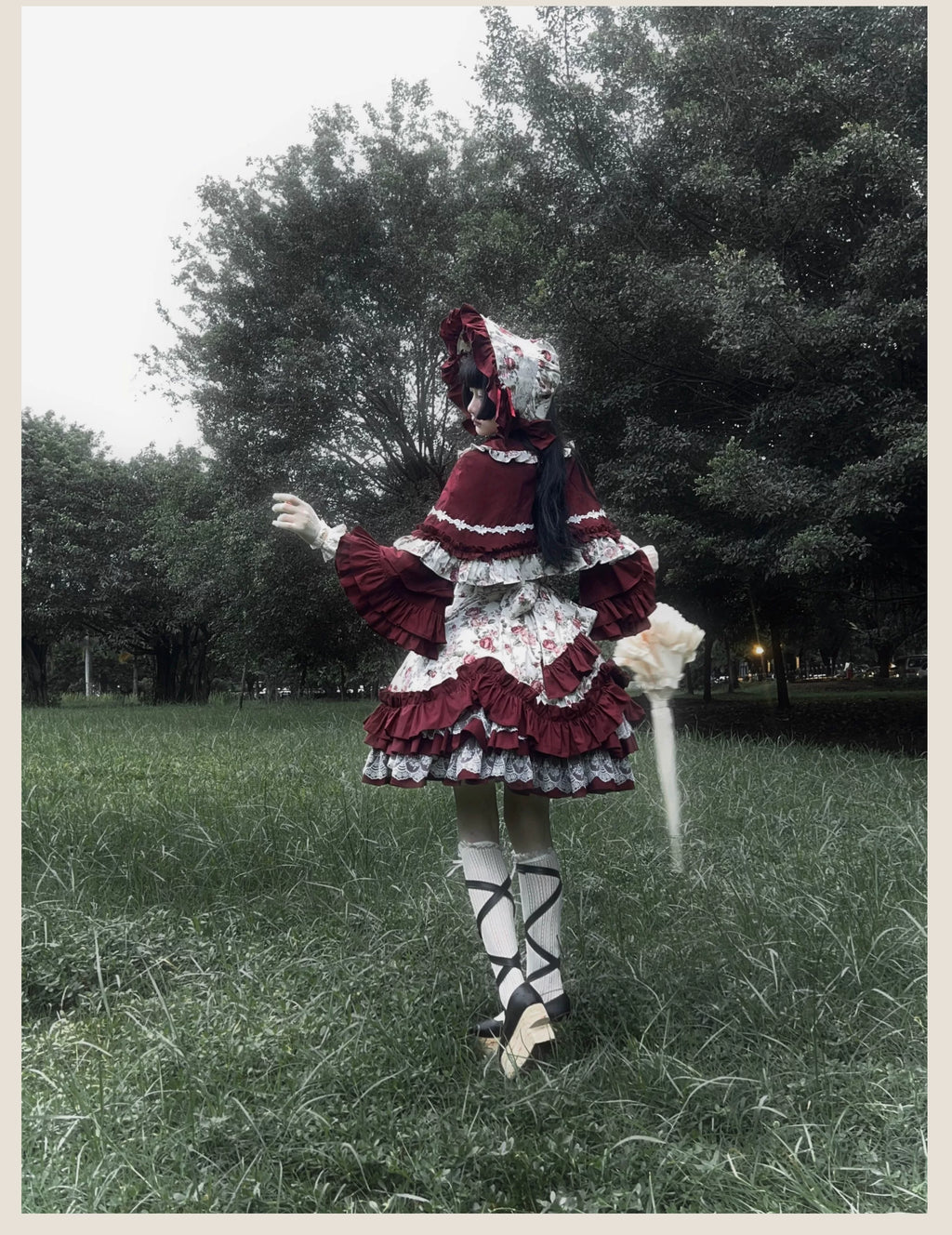 Burgundy Rose - Floral Printed Old School Lolita JSK, Elegant Cape and Accessories - image 9