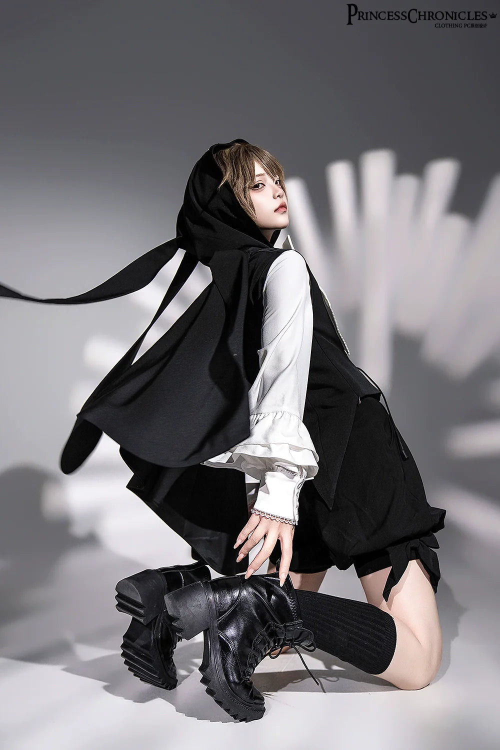 Rabbit Feather - Black Ouji Lolita Vest Shorts Suit Prince Cloak Set - image 18