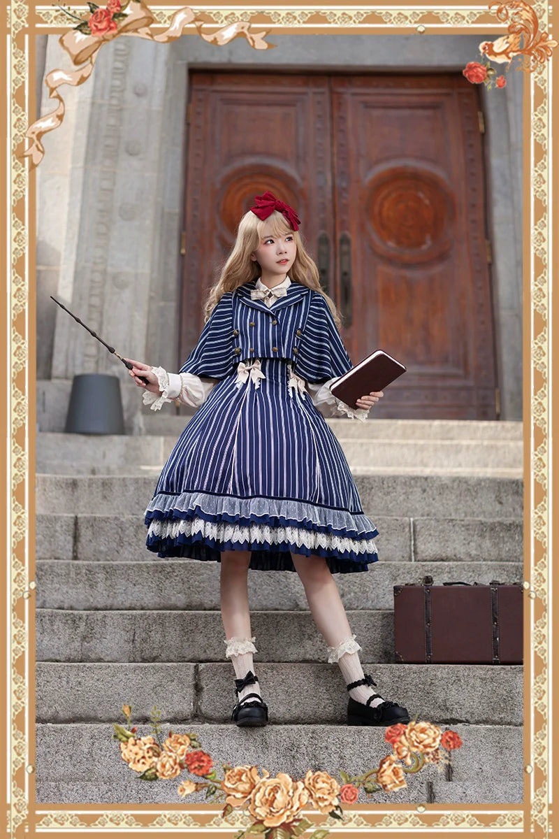 Elegant Lolita Stripe High-waist Jumper Dress Set and Cape - image 2