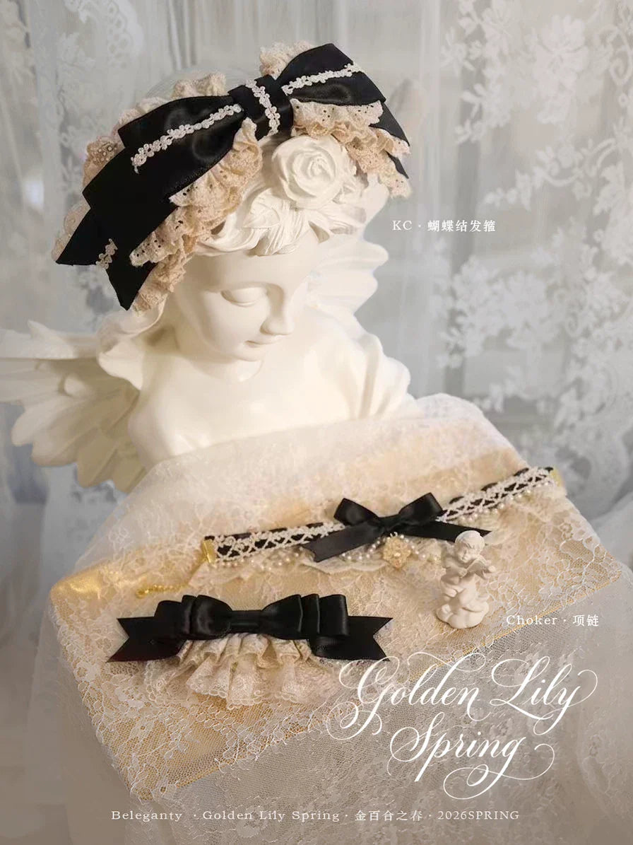 Spring of Golden Lily - Satin Classic Lolita Lily Print Dress, Front Opening and Accessories - image 9