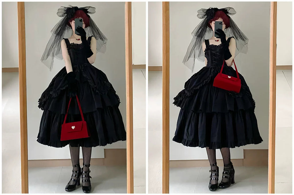Cotton Gothic Lolita Long JSK, Drawn-up Hem - image 69