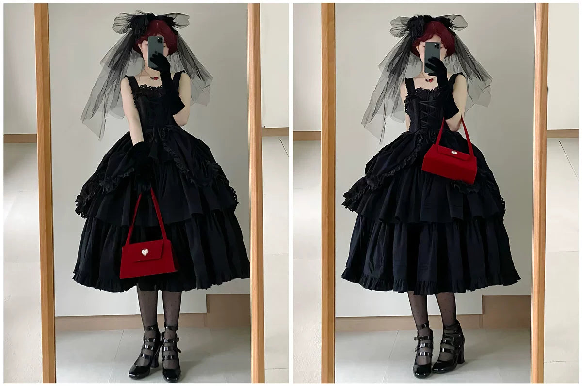 Cotton Gothic Lolita Long JSK, Drawn-up Hem - image 69