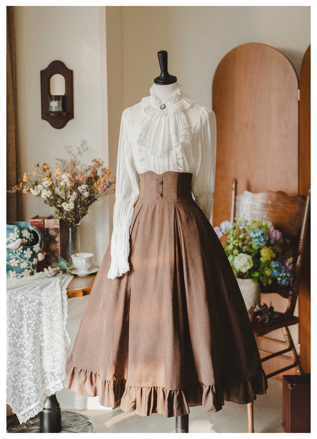 Classic Lolita A-Line Skirt, Button-Front Vest and White Blouse - image 38