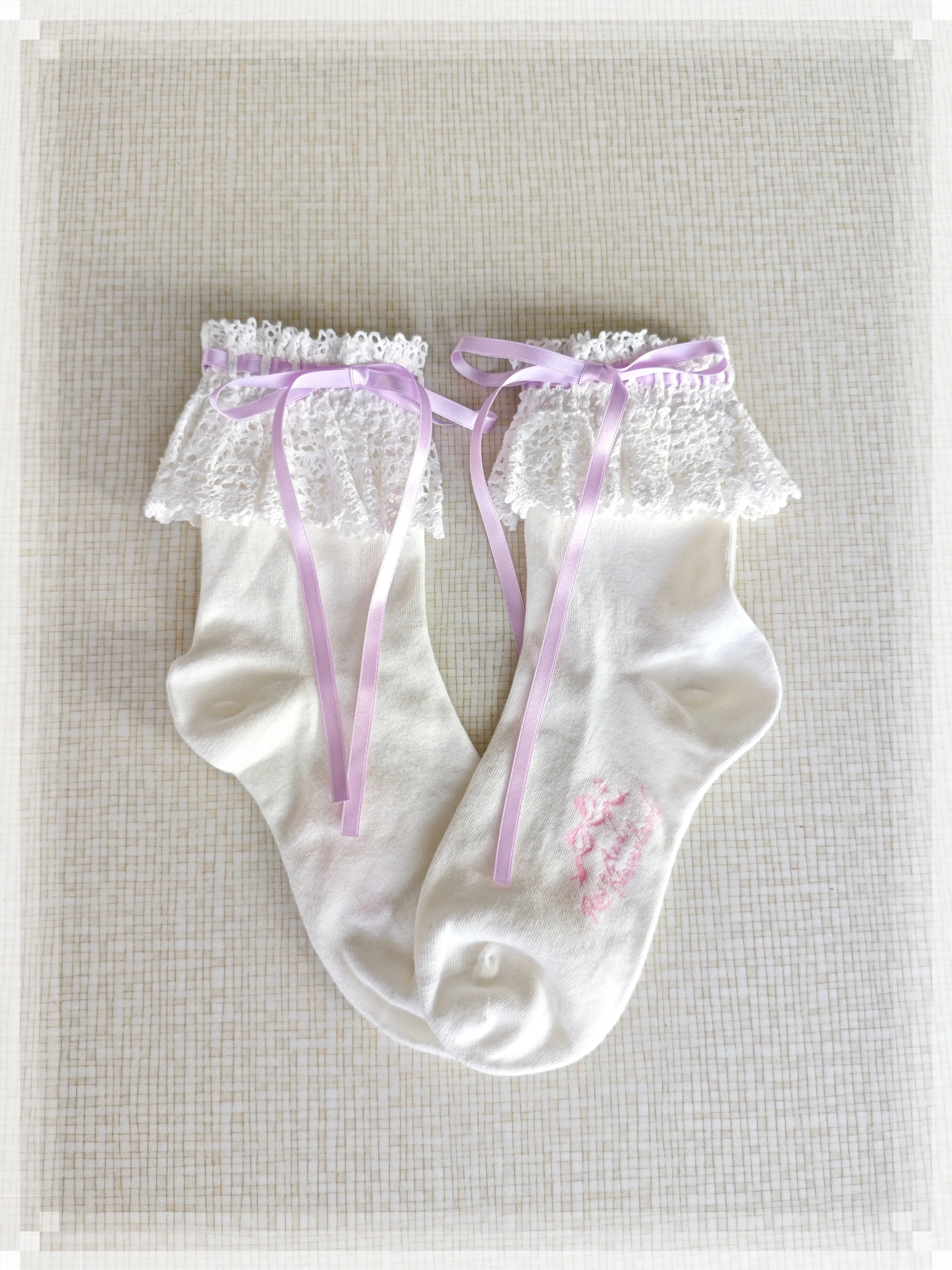 Cotton Old School Lolita White Socks with Colorful Ribbon Bows - image 29