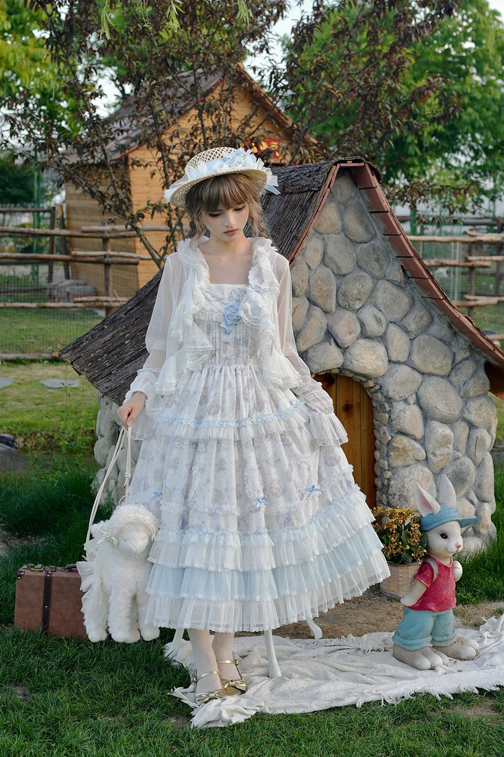 Bloom Lamb - Classic Lolita Embroidered JSK Dress, Tiered Hem - image 16