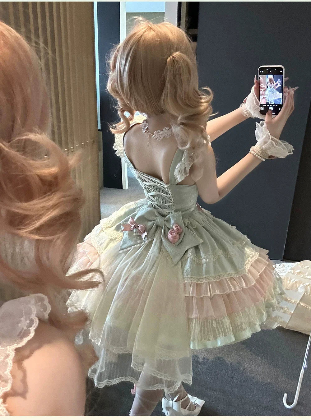 Lotus Crossing - Sweet Lolita Tiered Hem JSK Dress with Satin Bow and Accessories - image 20