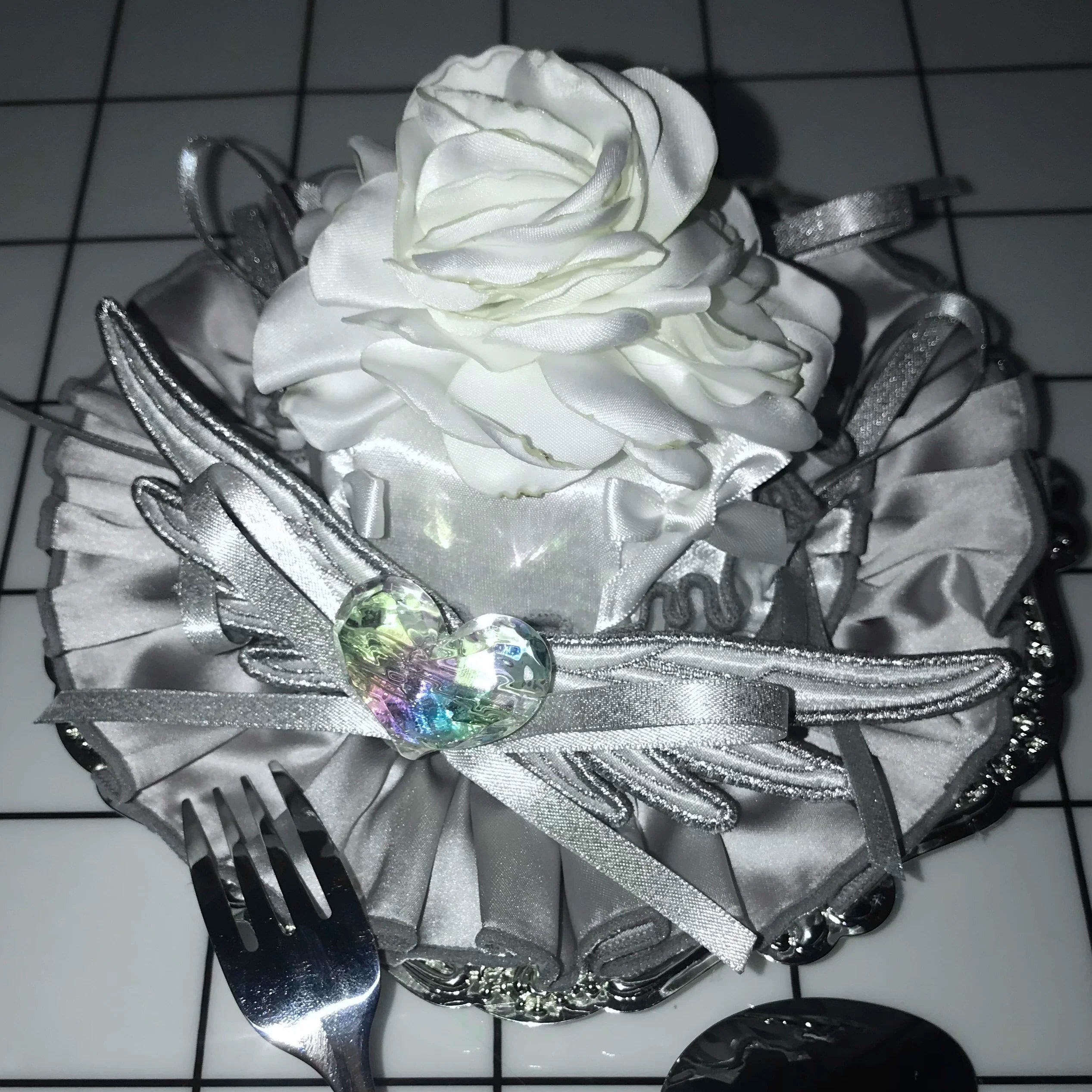 Metallic Angel - Silver-white Punk Lolita JSK, Wing and Rhinestone Details - image 48