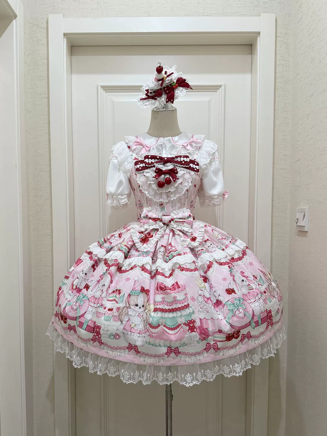 Cherry Bake Song - Kawaii Lolita JSK Dress With Dessert Print & Cherry Bow - image 6