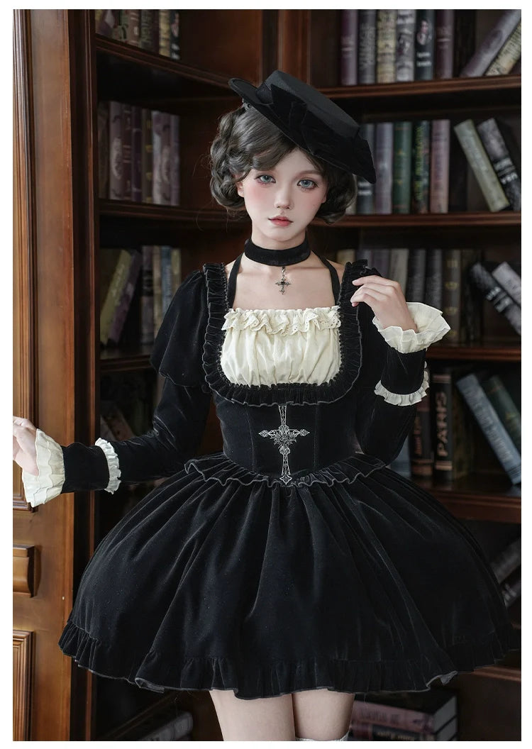 Apocalypse - Gothic Lolita Velvet OP Dress Set, Fishbone Waist - image 15
