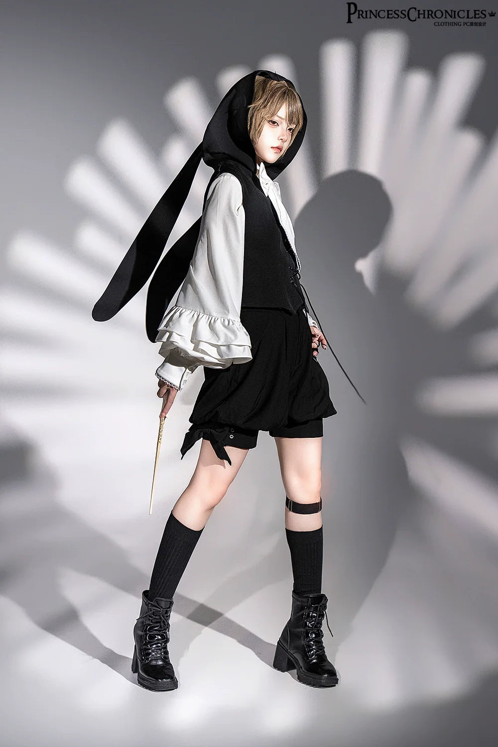 Rabbit Feather - Black Ouji Lolita Vest Shorts Suit Prince Cloak Set - image 6