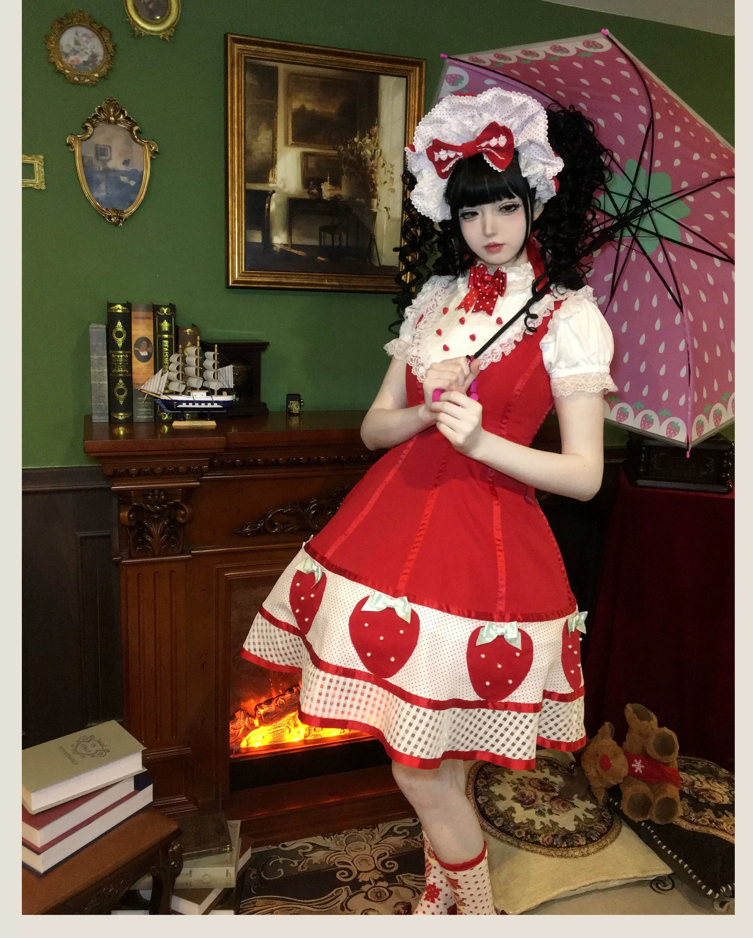 The Weird Strawberry Lady - Old School Lolita JSK, Hand-Studded Strawberry and Accessories - image 7