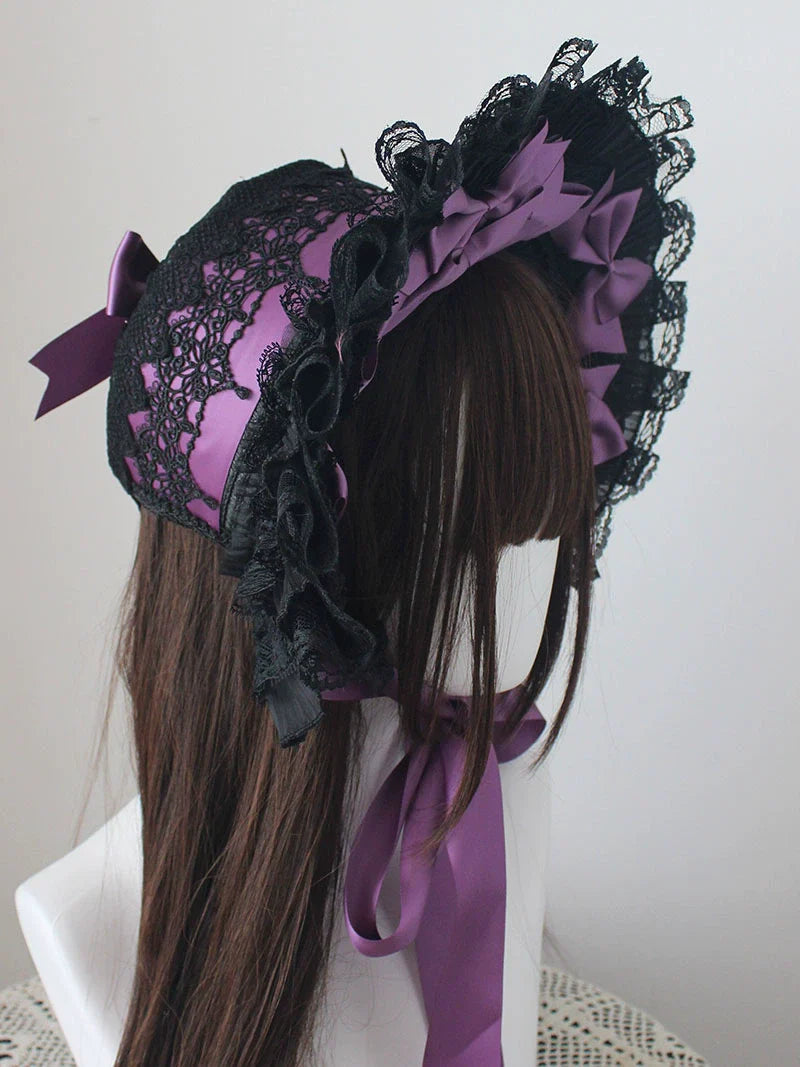 Gothic Lolita Handmade Bonnet with Bows and Beads - image 4