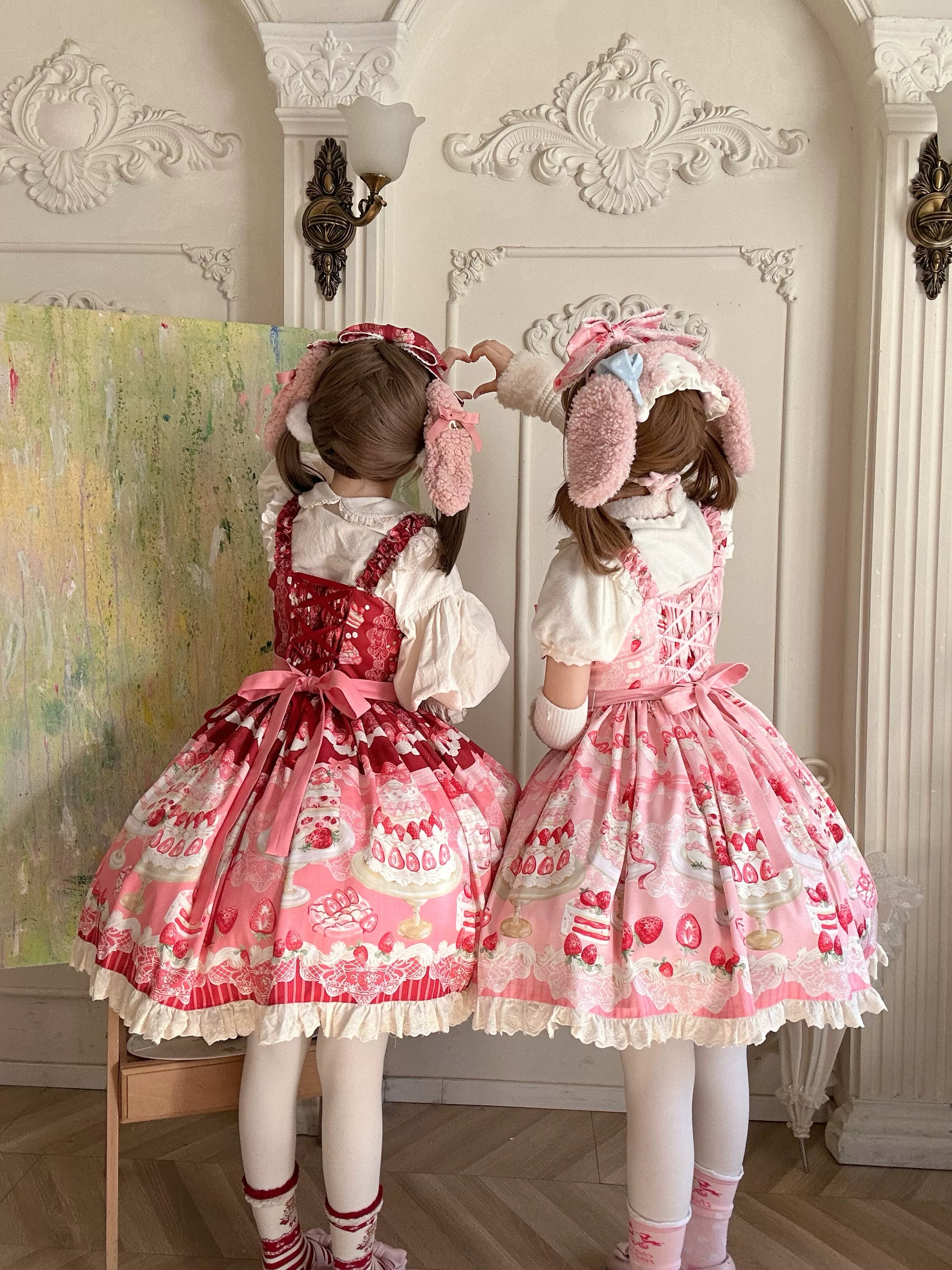 Strawberry Cake - Printed Sweet Lolita JSK Dress, Plush Bunny Ear KC - image 2