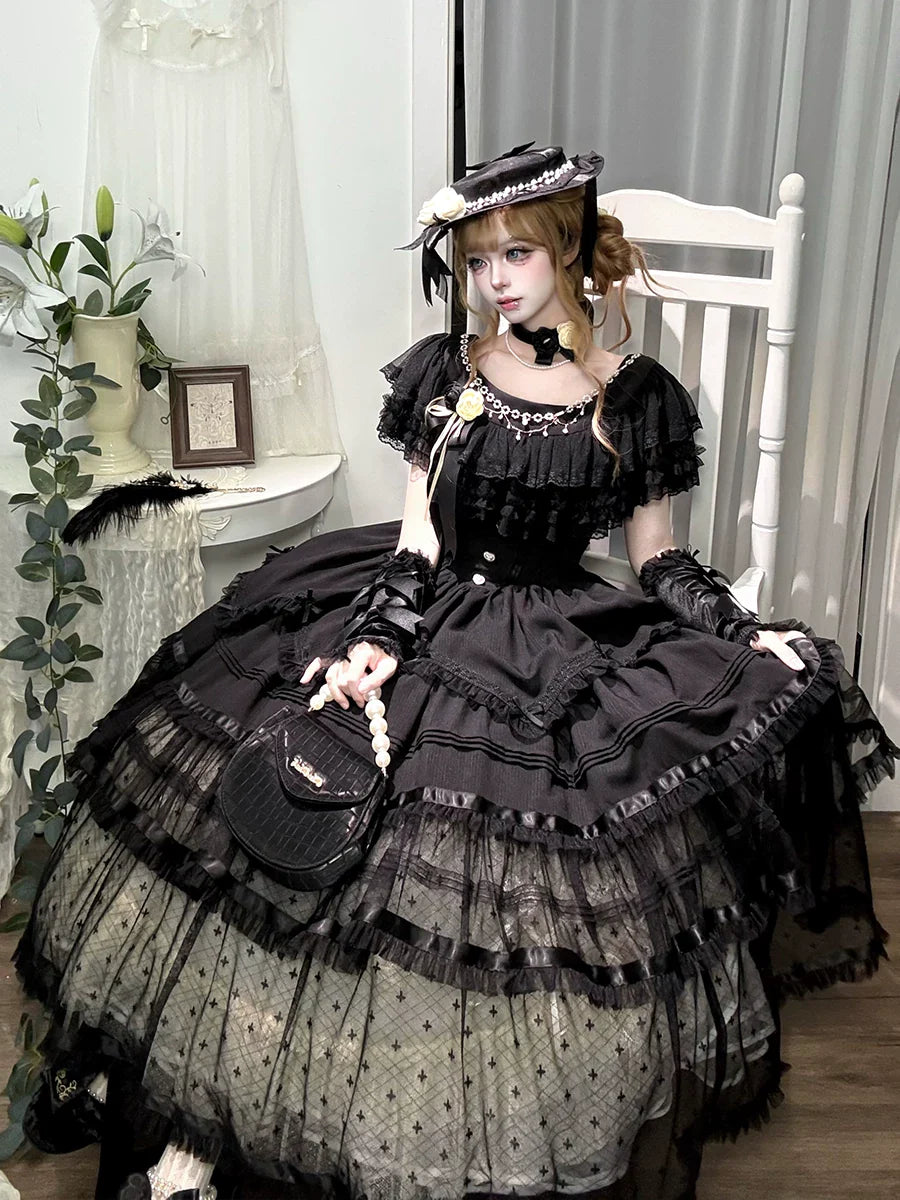 Unnamed Dusk Poem - Classic Lolita OP Dress, Tulle Skirt with Cross Accent and Accessories - image 3