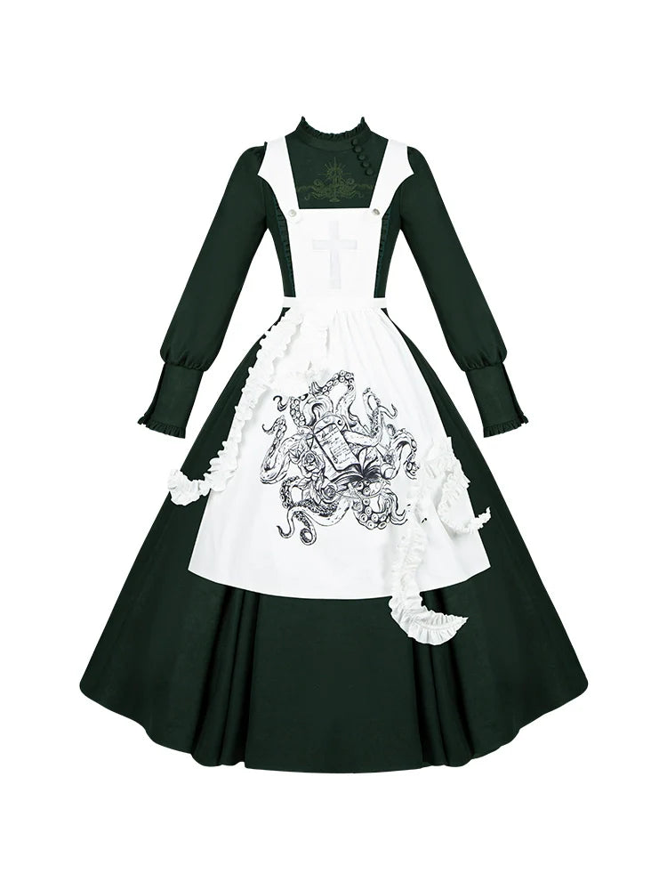 Abyss Clinic - Gothic Lolita Green Dress Set, Embroidery Accent - image 36