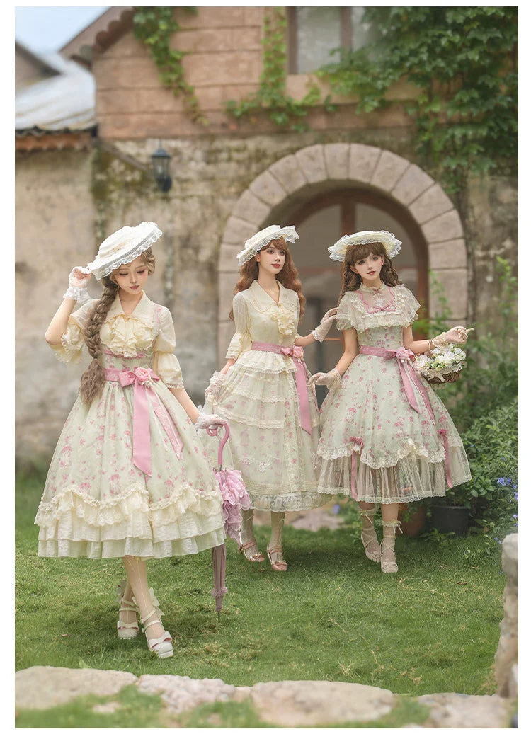 Wind Swept Roses - Classic Lolita Rose Printed Dress Set, Petal Hem - image 12