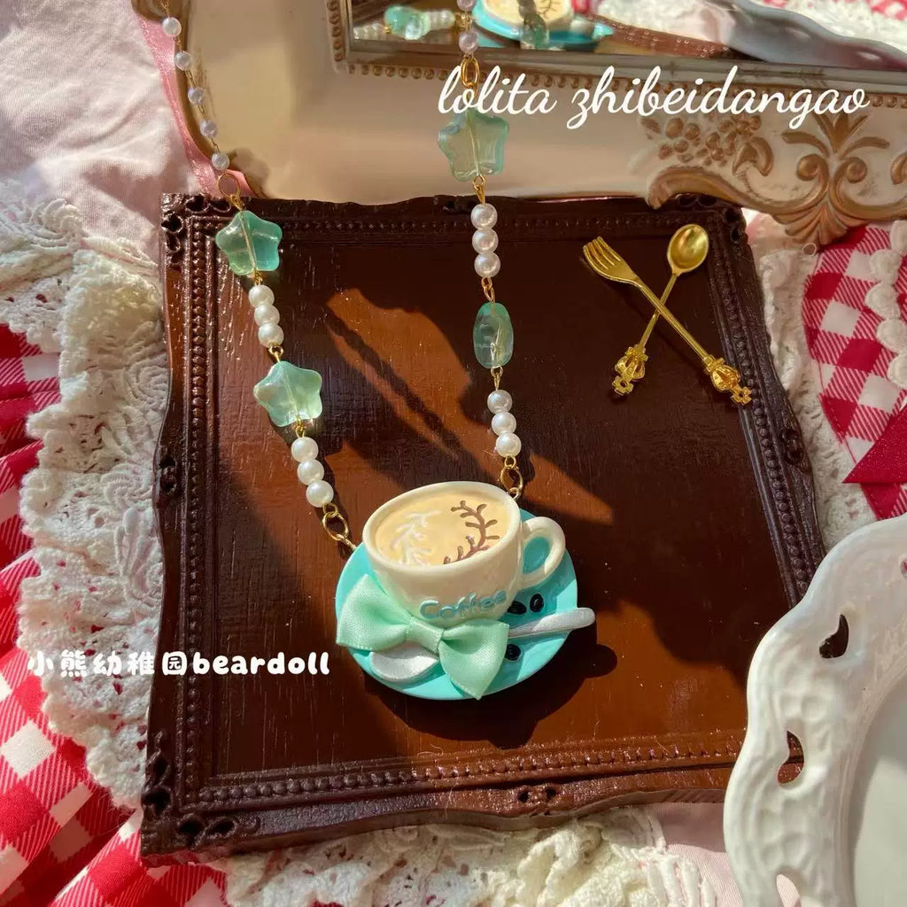 Old School Lolita Beaded Necklace, Coffee Cup Pendant - image 4