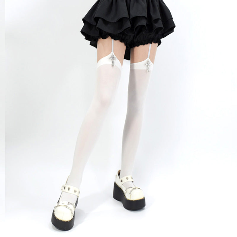 Wuxiaoliu Velvet Lolita Garter Stockings with Cross Pendants - image 4
