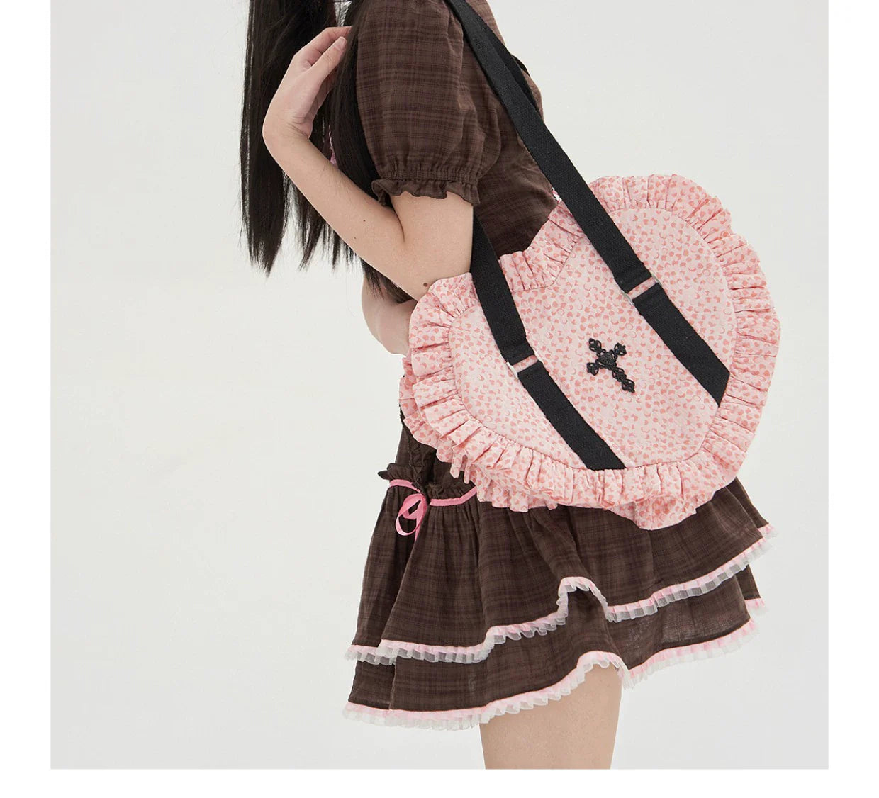 Vintage Lolita Heart Shaped Plaid Dot Print JK Uniform Bag - image 9
