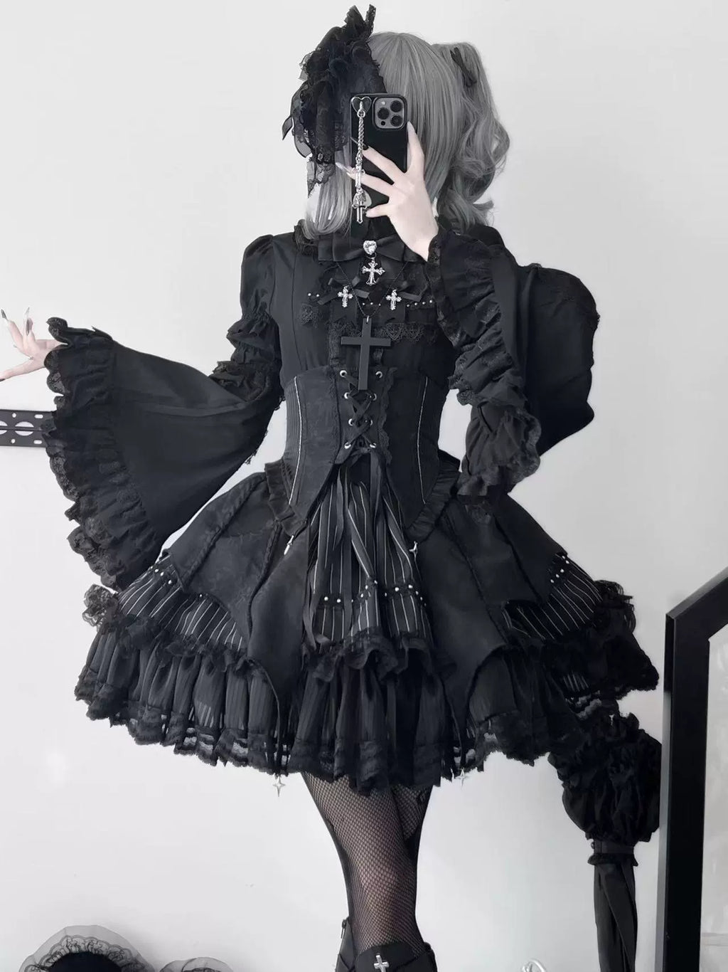 Trace Bone Black Gothic Lolita Skirt and Waist Cincher Set - image 1