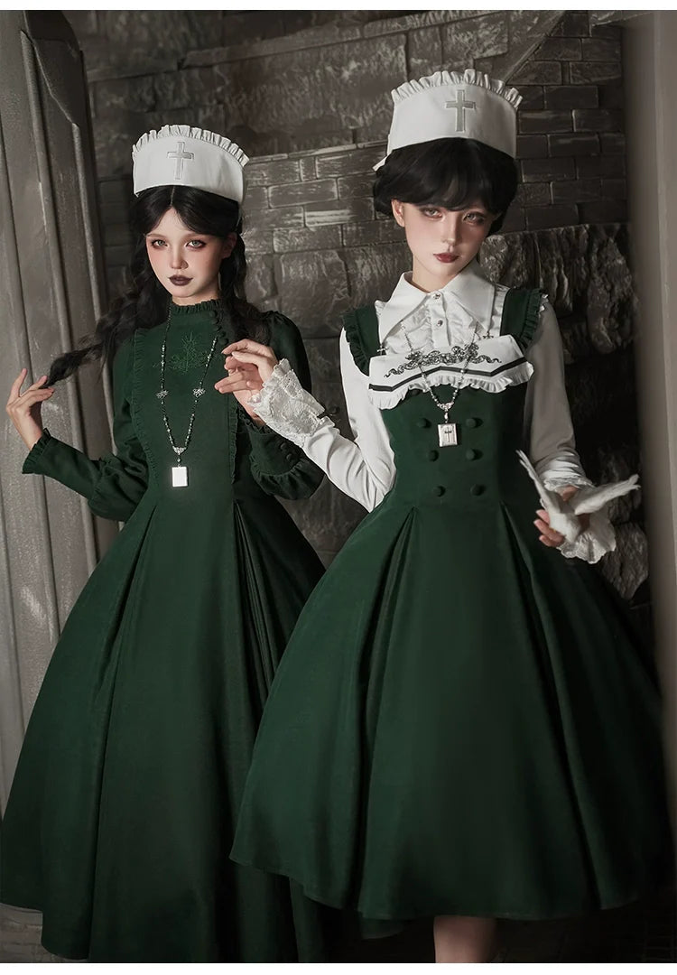 Abyss Clinic - Gothic Lolita Green Dress Set, Embroidery Accent - image 21