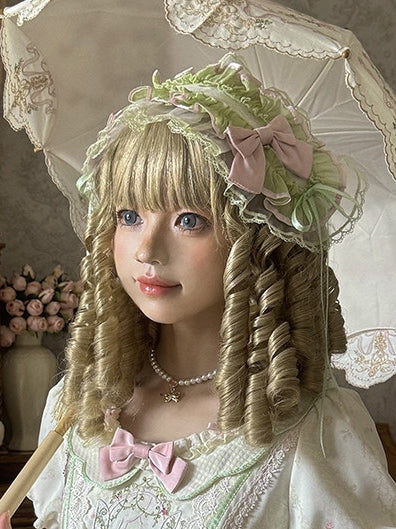 Bamboo Rabbit Pink Green Bunny Floral Print Bow Classic Lolita OP Dress and Accessories - image 12