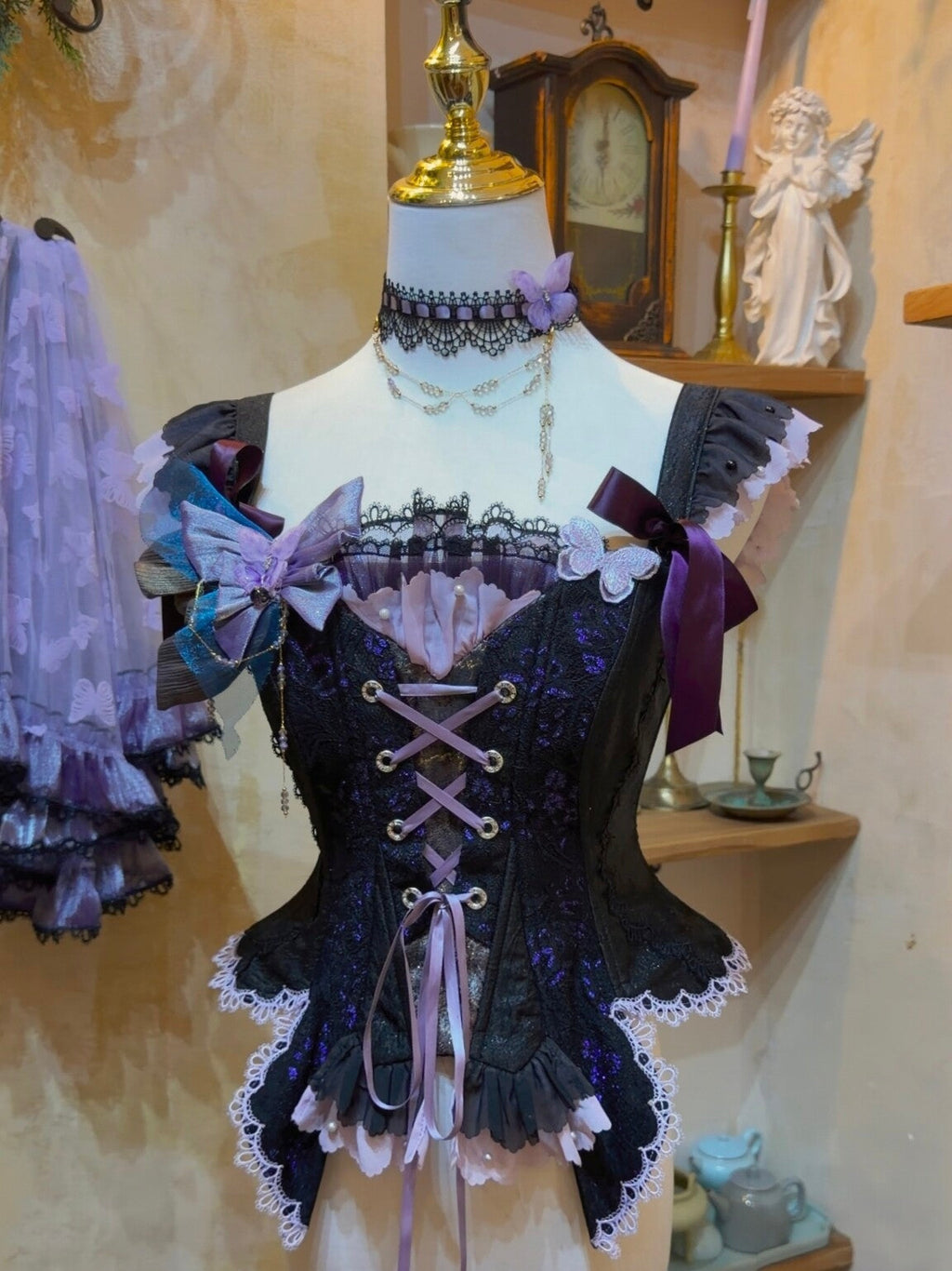 Purple Butterfly on Moonlight Night Gothic Lolita Corset Dress Set - image 10
