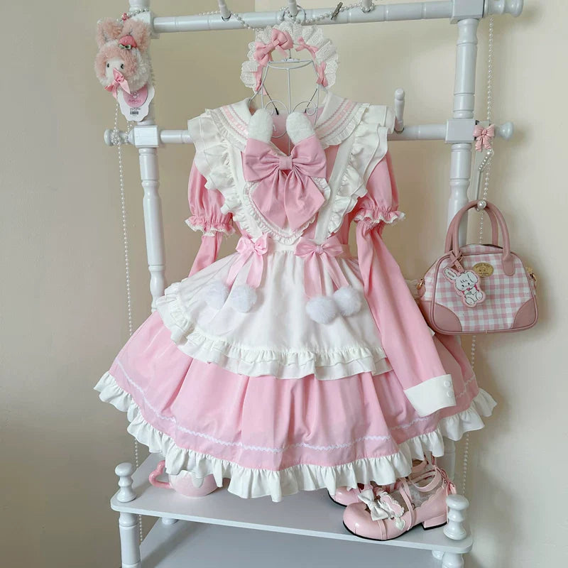 Sweet Bunny Pom-pom - Maid Lolita Bunny Ear Collar OP Dress, Detachable Apron and Accessories - image 5