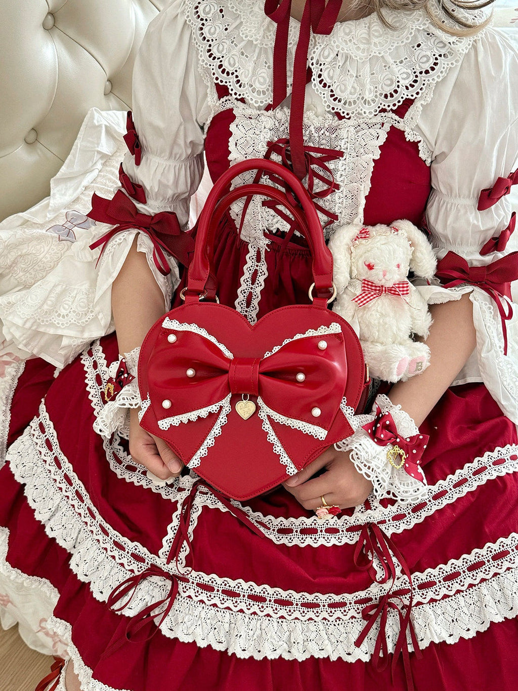Vintage Sweetheart - Lace Bow Heart Lolita Handbag - image 6