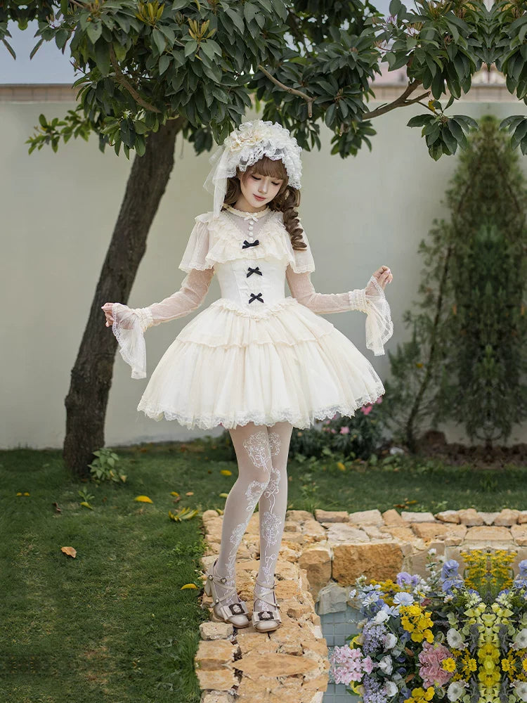 White Mist Promise - Classic Lolita Corset OP Set, Edwardian Collar & Tiered Hem - image 3