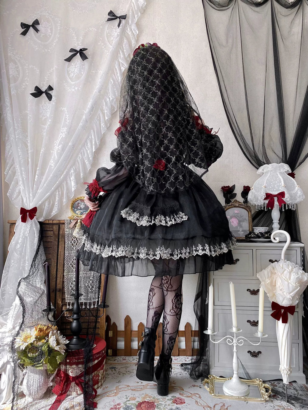 Night of Berea Gothic Lolita OP Dress in Black and Red - image 17