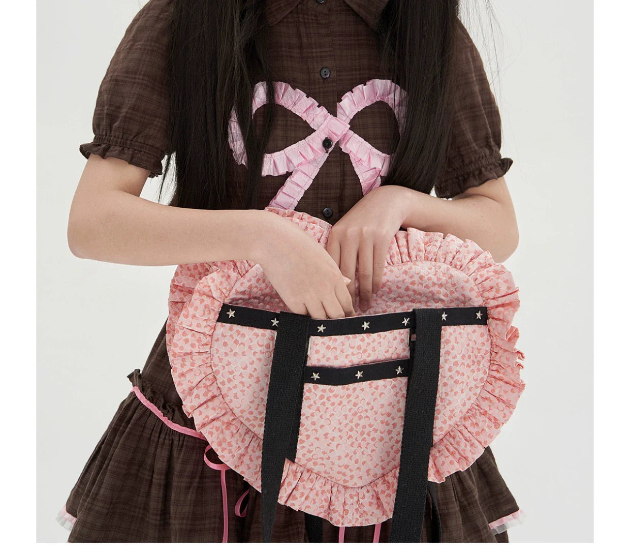 Vintage Lolita Heart Shaped Plaid Dot Print JK Uniform Bag - image 13