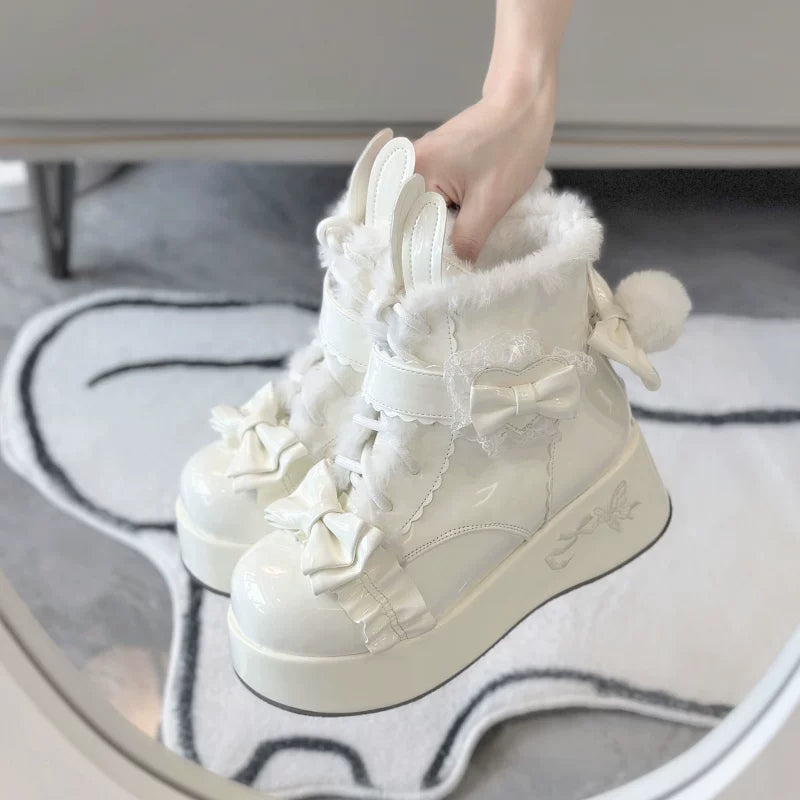 Bunny Tail - Fuzzy Kawaii Lolita Snow Boots, Detachable Plush Bow - image 16