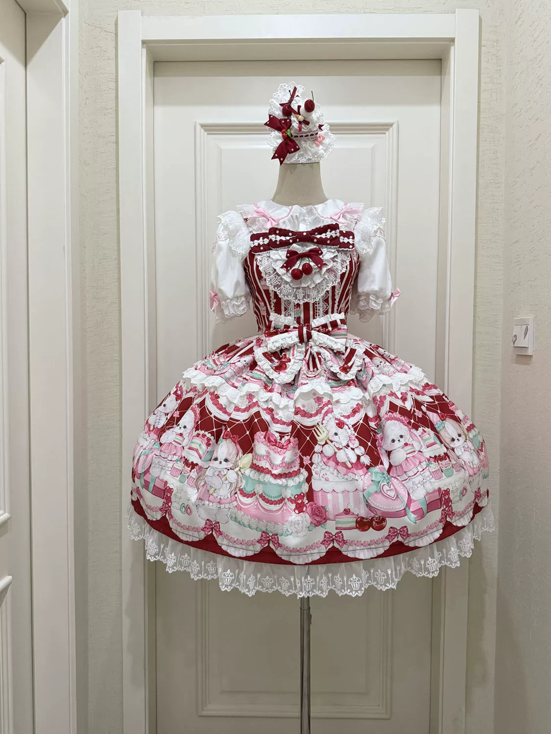 Cherry Bake Song - Kawaii Lolita JSK Dress With Dessert Print & Cherry Bow - image 5