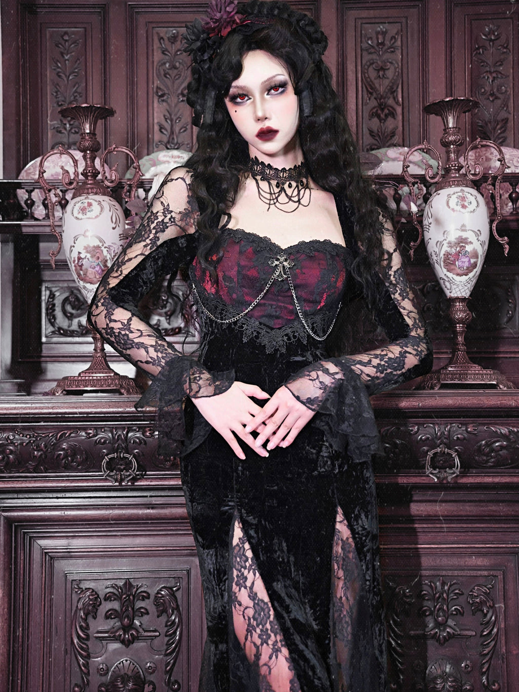 Rose Cemetery - Dark Red Velvet Gothic Lolita Dress - image 2