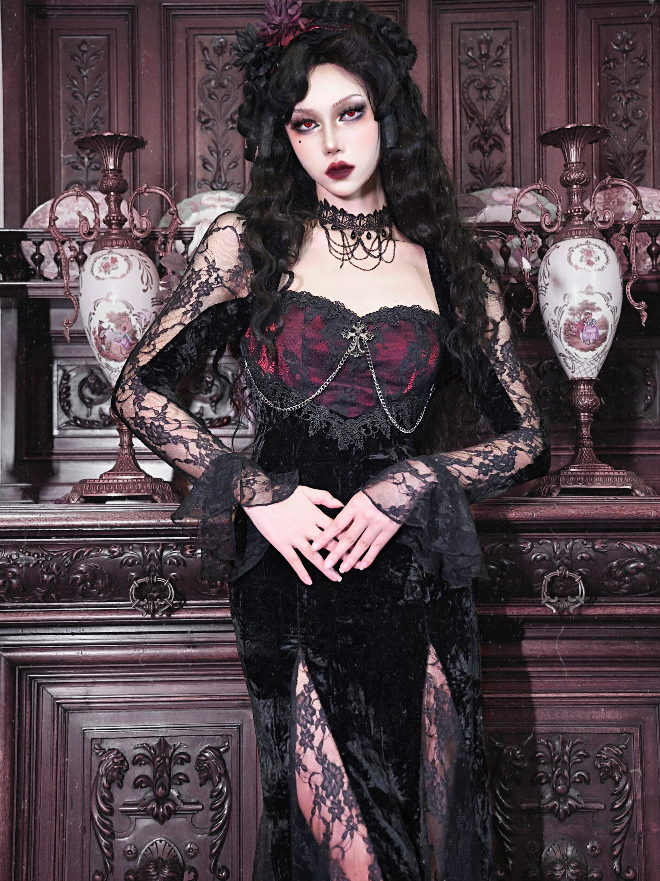 Rose Cemetery - Dark Red Velvet Gothic Lolita Dress - image 2