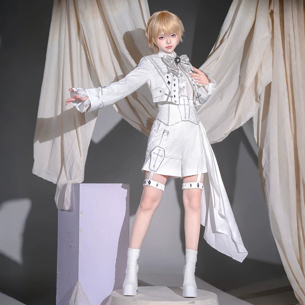 Silver Covenant - White Ouji Lolita Embroidery Coat and Shorts Set with Cross - image 15