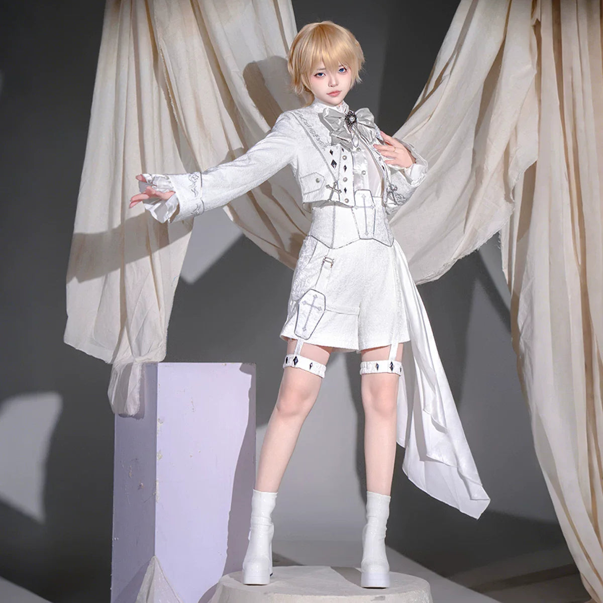 Silver Covenant - White Ouji Lolita Embroidery Coat and Shorts Set with Cross - image 15