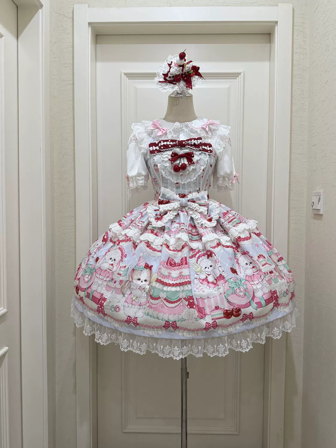 Cherry Bake Song - Kawaii Lolita JSK Dress With Dessert Print & Cherry Bow - image 7