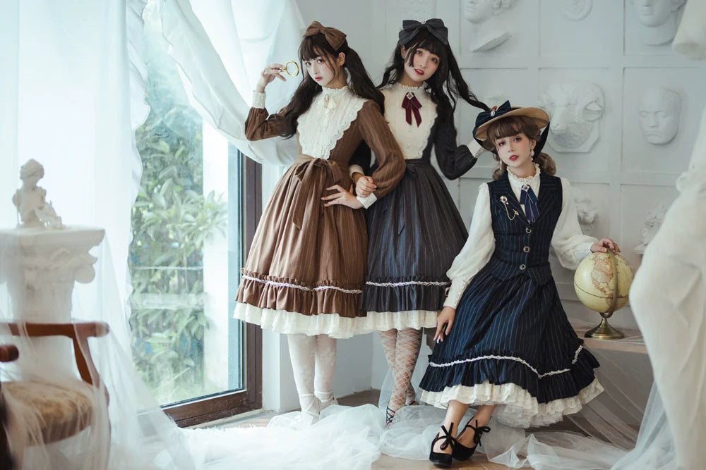 Rose Doll - Elegant Lolita Striped Fishbone Skirt - image 6