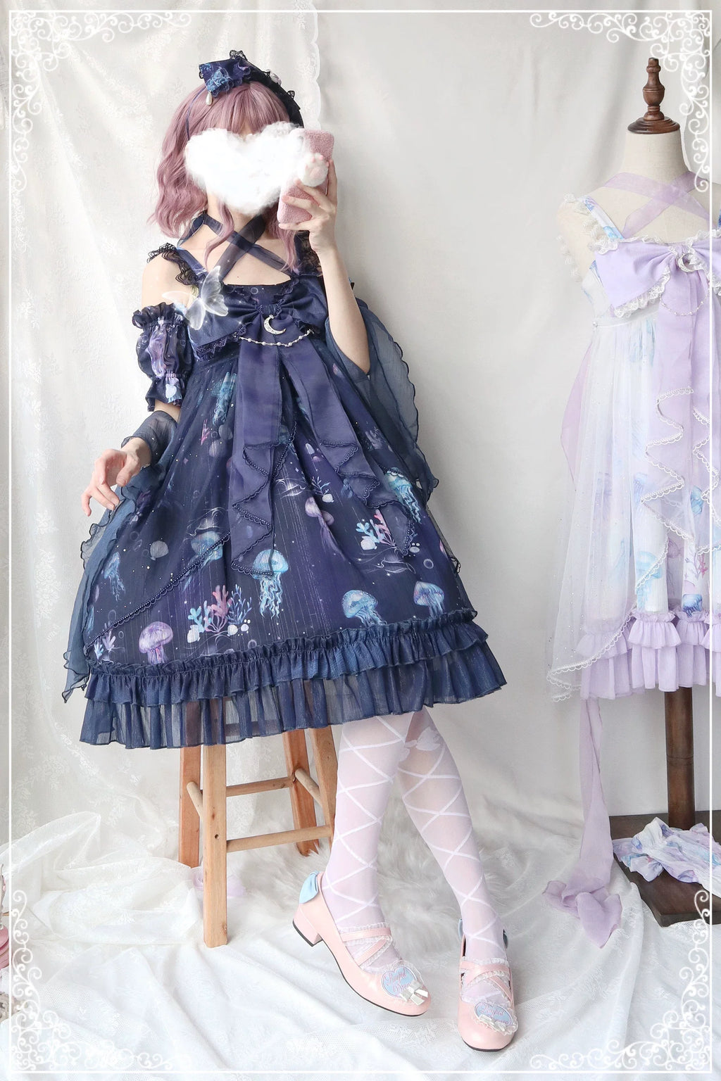 Coral Jellyfish - Sweet Lolita High-waist JSK Dress, Jellyfish & Coral Print and Accessories - image 58