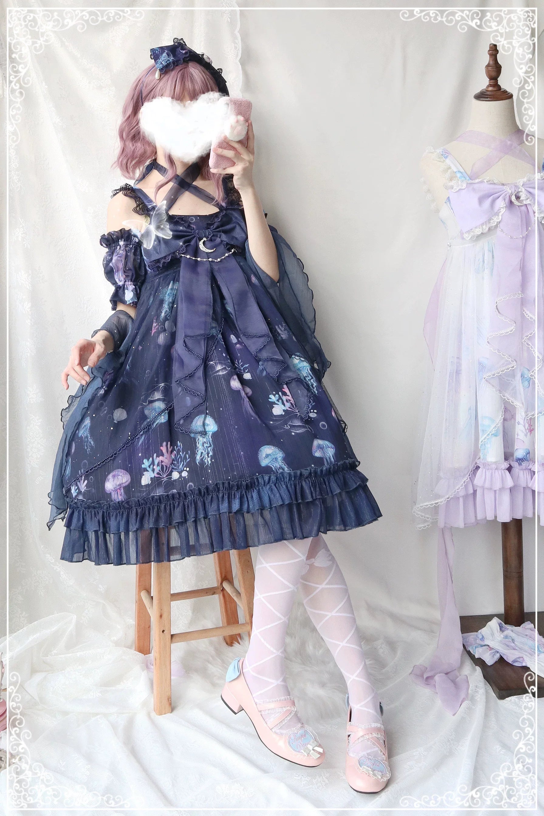 Coral Jellyfish - Sweet Lolita High-waist JSK Dress, Jellyfish & Coral Print and Accessories - image 58