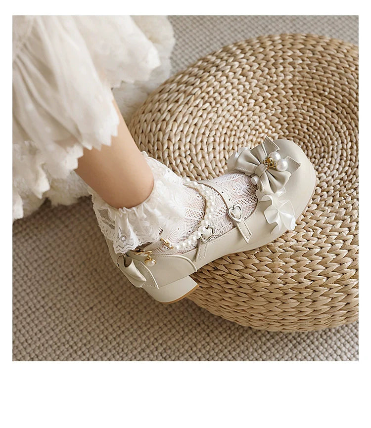 Round Toe Sweet Lolita Shoes, Detachable Pearl Chain - image 8