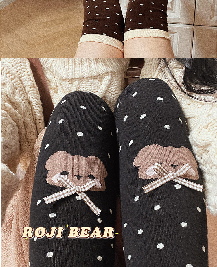 Bear Dots Bow Cotton Lolita Thigh-High Stockings - image 9