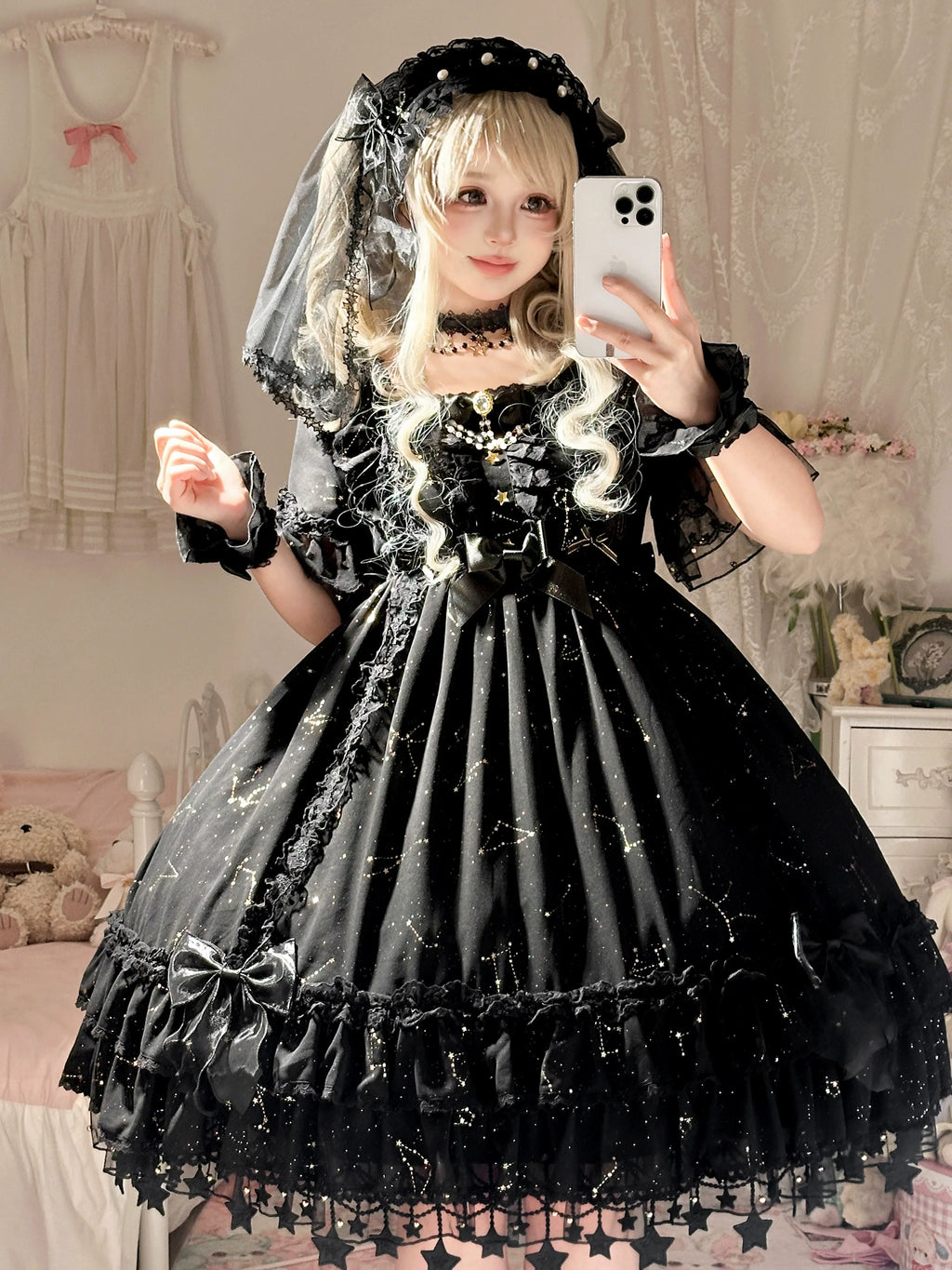 Whisper of Stars - Vintage Lolita Black OP Dress, Constellation-Themed - image 1