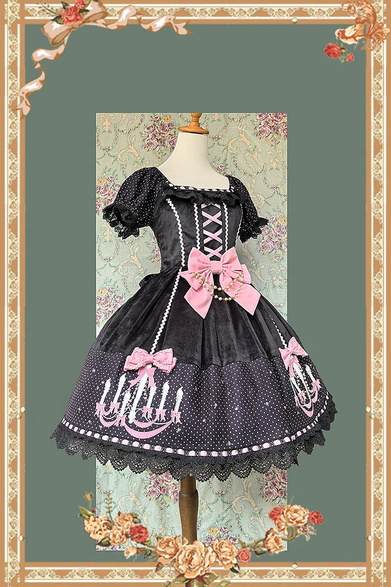Chandelier - Old School Lolita OP Dress, Polka Dot, Chandelier Print and Accessories - image 13