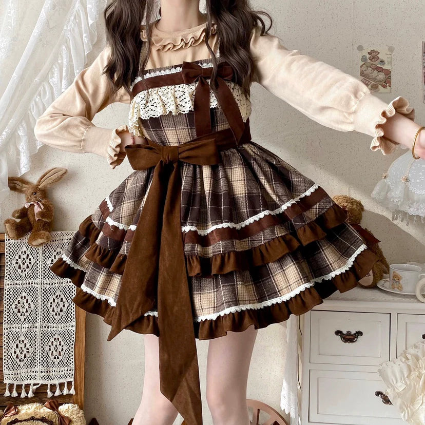 Caramel Cocoa - Sweet Lolita JSK Plaid Design Autumn and Winter Dress - image 6