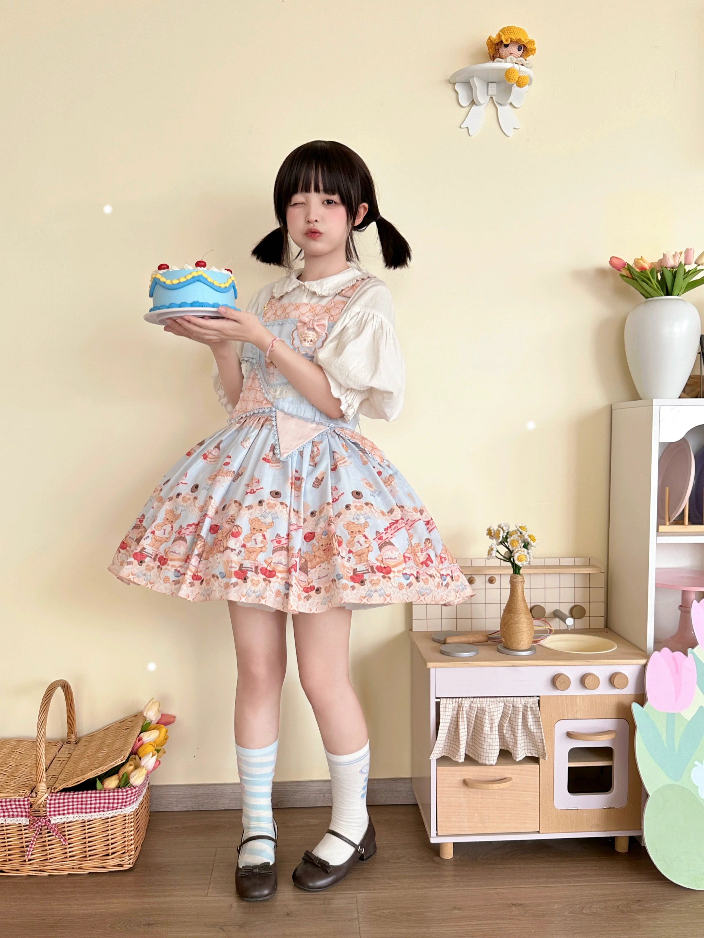 Little Bear Bonny - Kawaii Lolita Salopette, Bear & Dessert Print - image 8