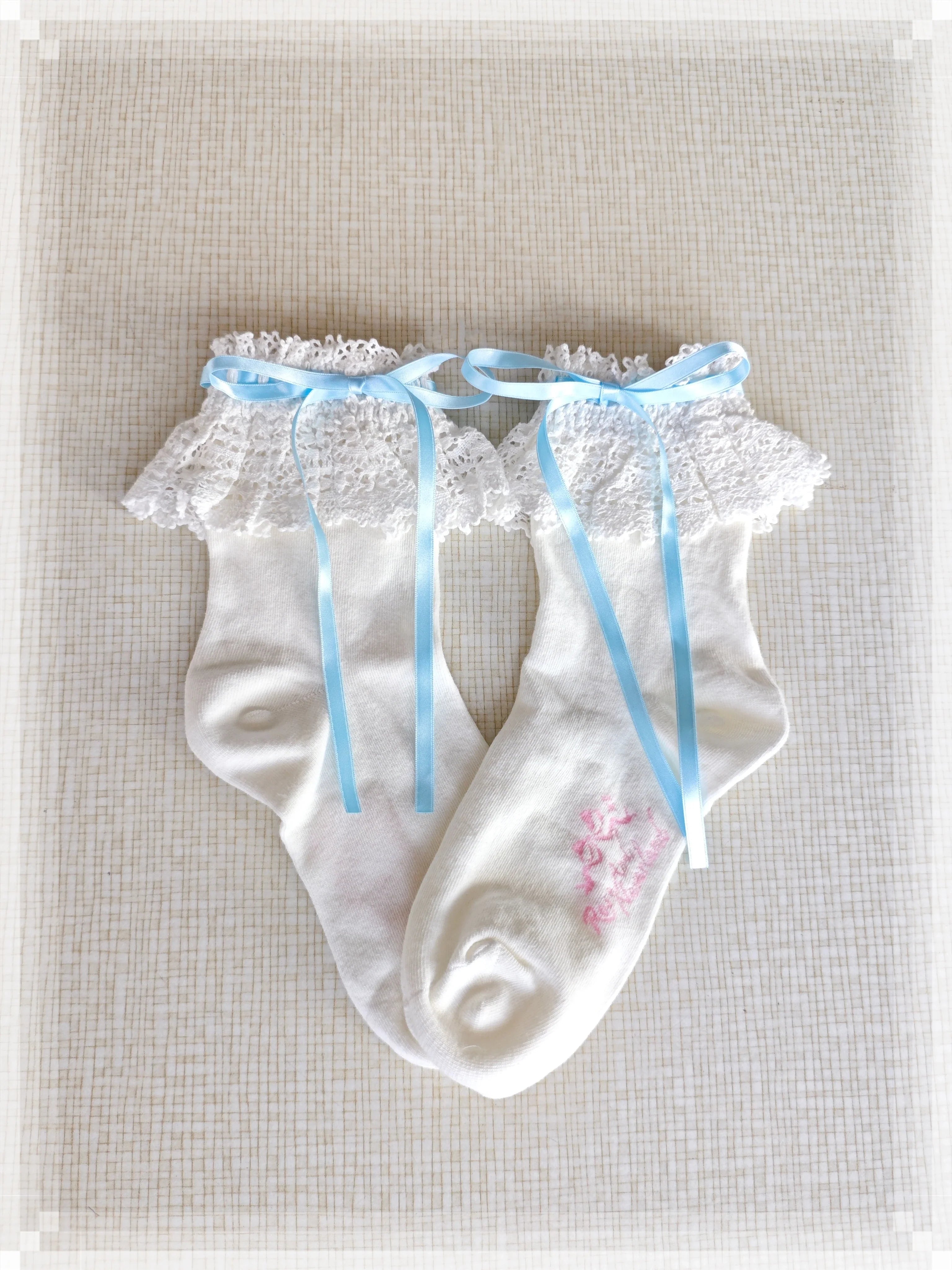 Cotton Old School Lolita White Socks with Colorful Ribbon Bows - image 25